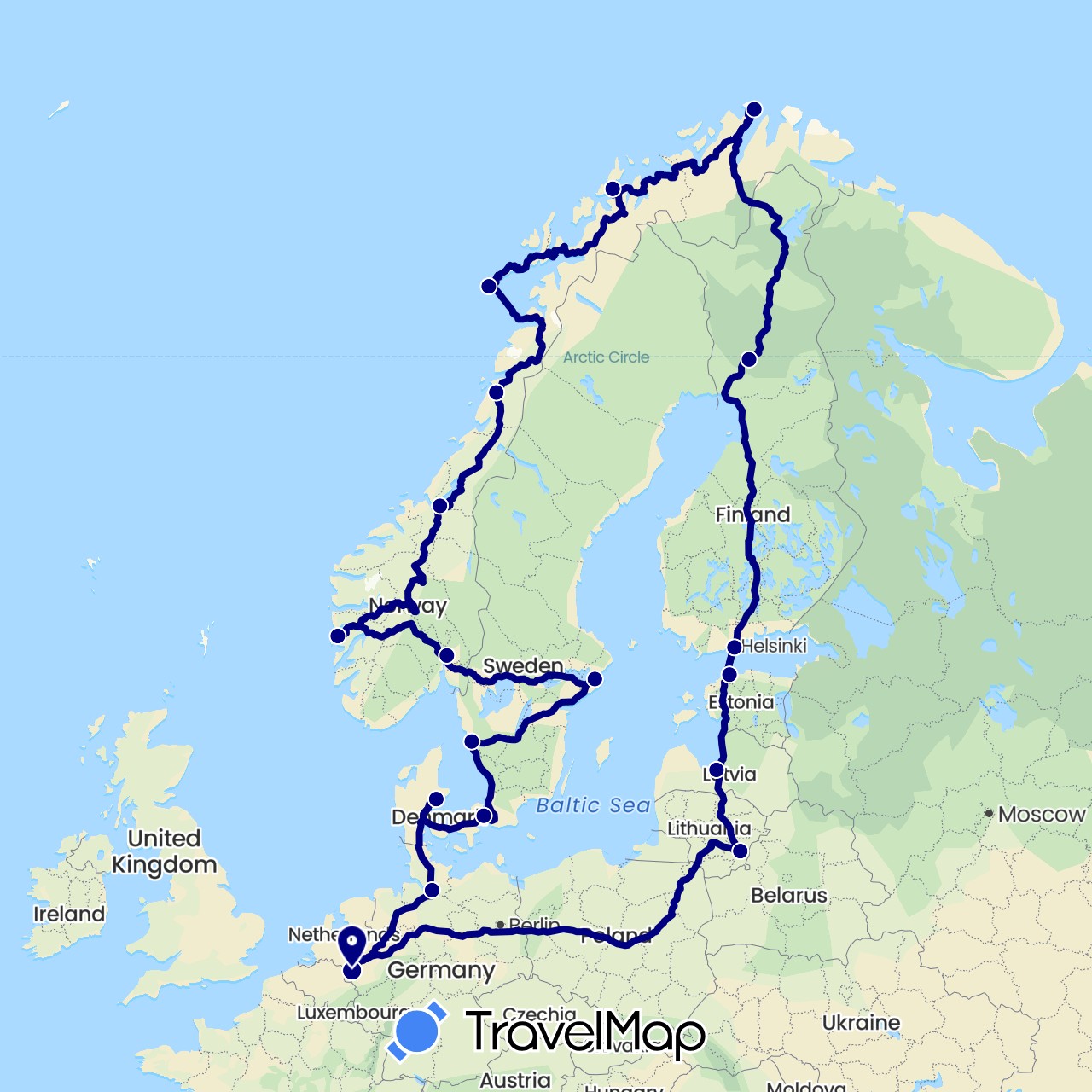 TravelMap itinerary: driving in Germany, Denmark, Estonia, Finland, Lithuania, Latvia, Netherlands, Norway, Sweden (Europe)