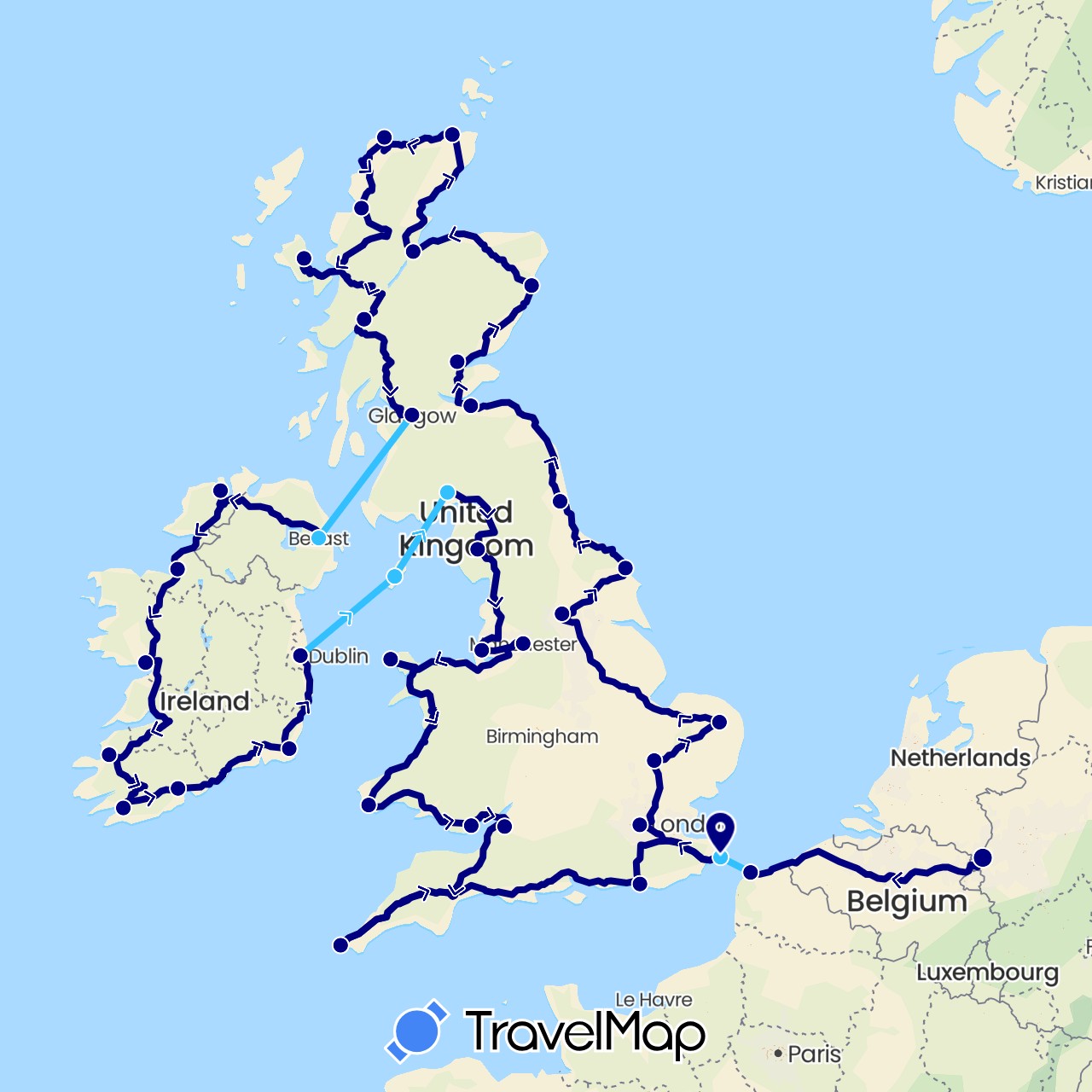 TravelMap itinerary: driving, boat in France, United Kingdom, Ireland, Isle of Man, Netherlands (Europe)