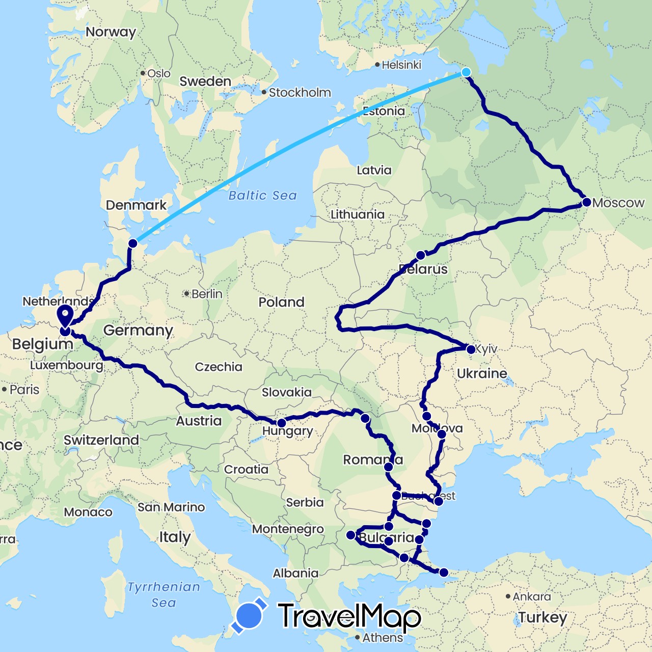 TravelMap itinerary: driving, boat in Bulgaria, Belarus, Germany, Hungary, Moldova, Netherlands, Romania, Russia, Turkey, Ukraine (Asia, Europe)