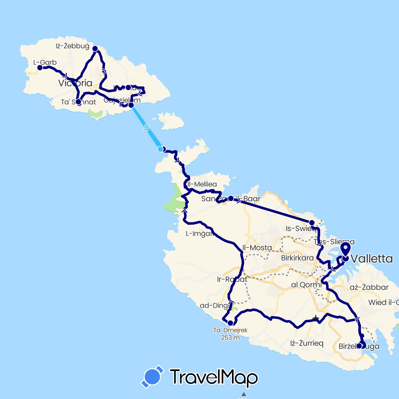 TravelMap itinerary: driving, boat in Malta (Europe)