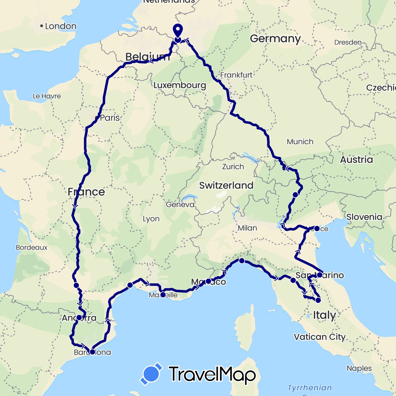 TravelMap itinerary: driving in Andorra, Spain, France, Italy, Monaco, Netherlands, San Marino (Europe)