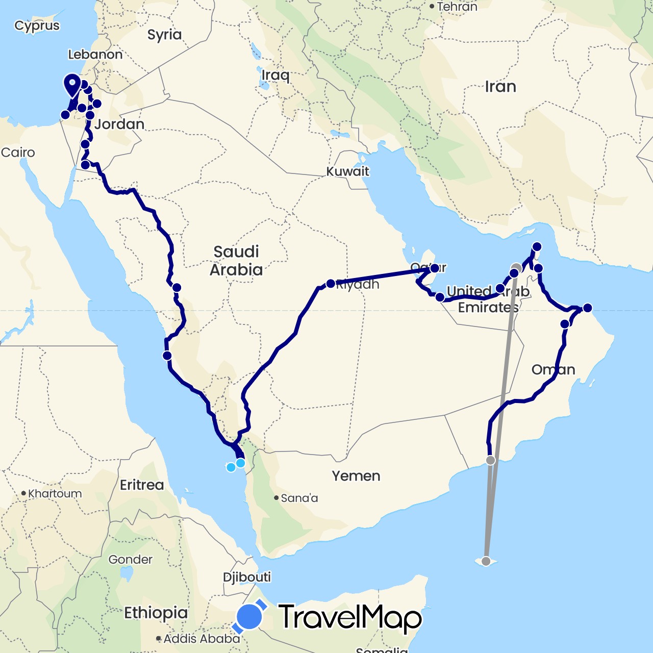 TravelMap itinerary: driving, plane, boat in United Arab Emirates, Israel, Jordan, Oman, Palestinian Territories, Qatar, Saudi Arabia, Yemen (Asia)