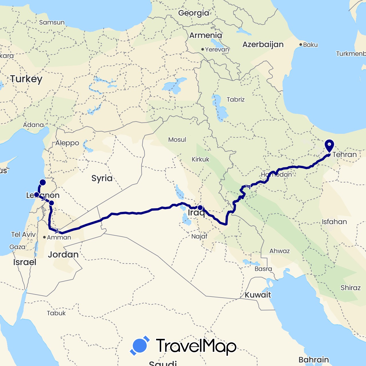 TravelMap itinerary: driving in Iraq, Iran, Lebanon, Syria (Asia)