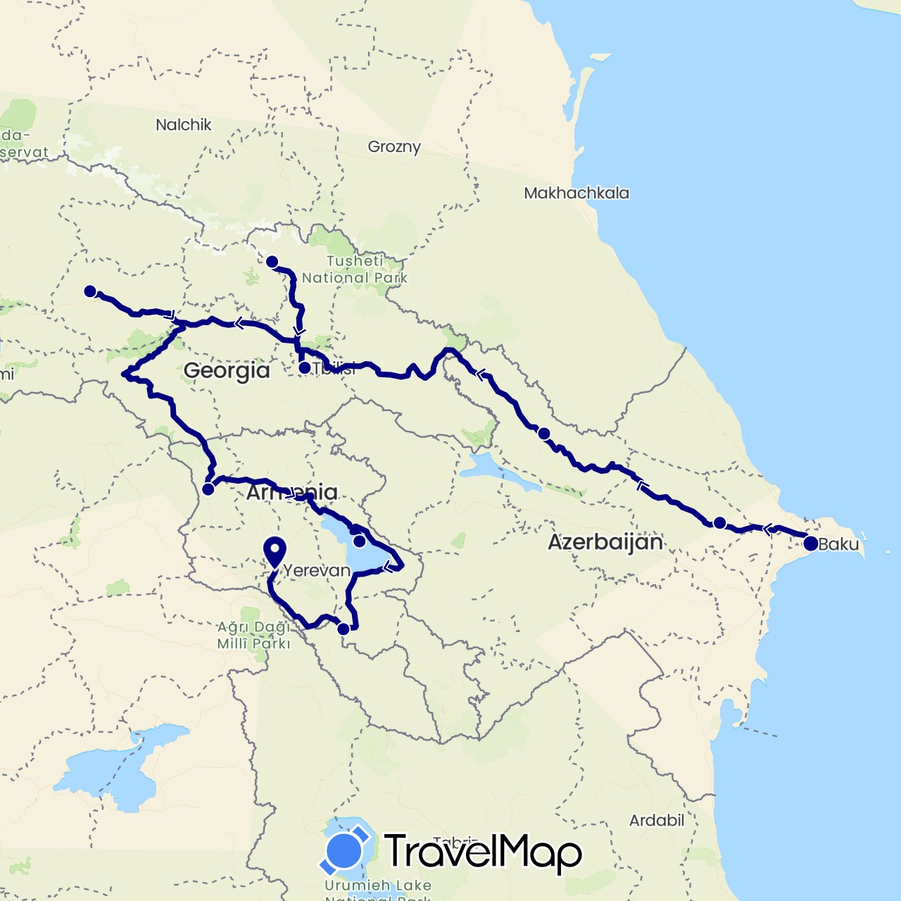 TravelMap itinerary: driving in Armenia, Azerbaijan, Georgia (Asia)