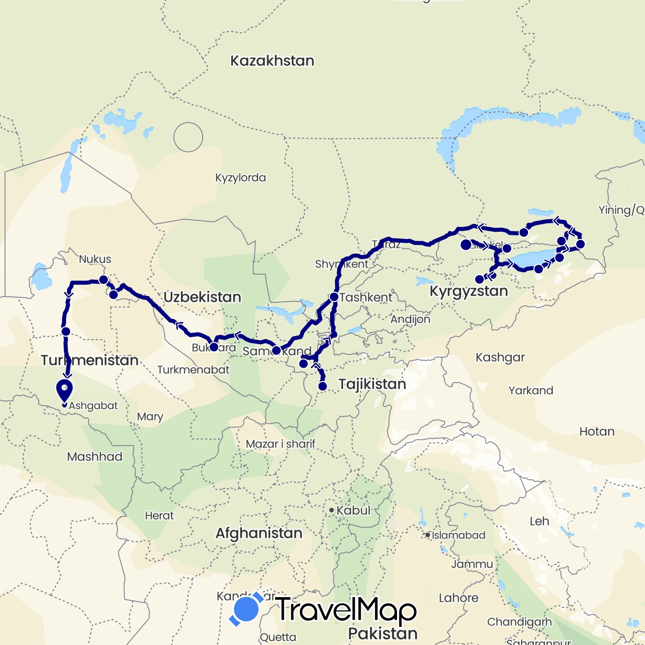 TravelMap itinerary: driving in Kyrgyzstan, Kazakhstan, Tajikistan, Turkmenistan, Uzbekistan (Asia)