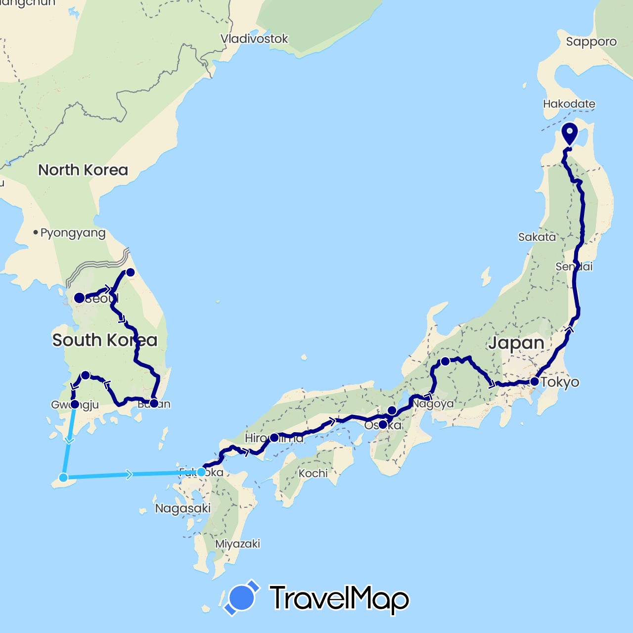 TravelMap itinerary: driving, boat in Japan, South Korea (Asia)