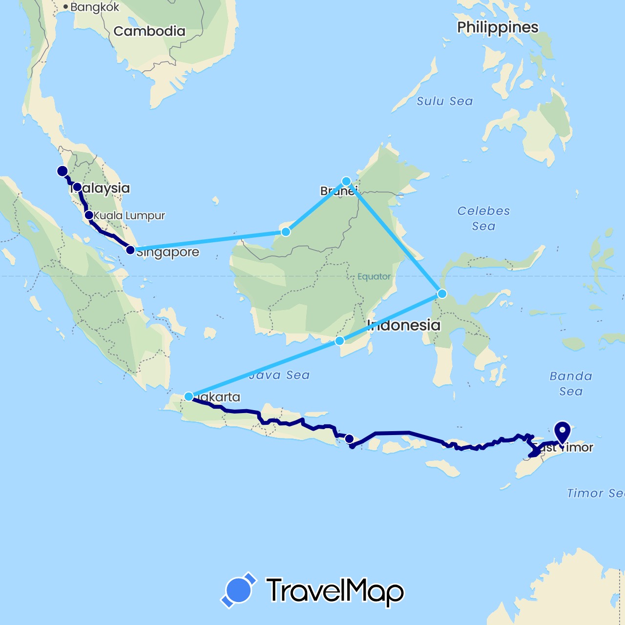TravelMap itinerary: driving, boat in Brunei, Indonesia, Malaysia, Singapore, East Timor (Asia)