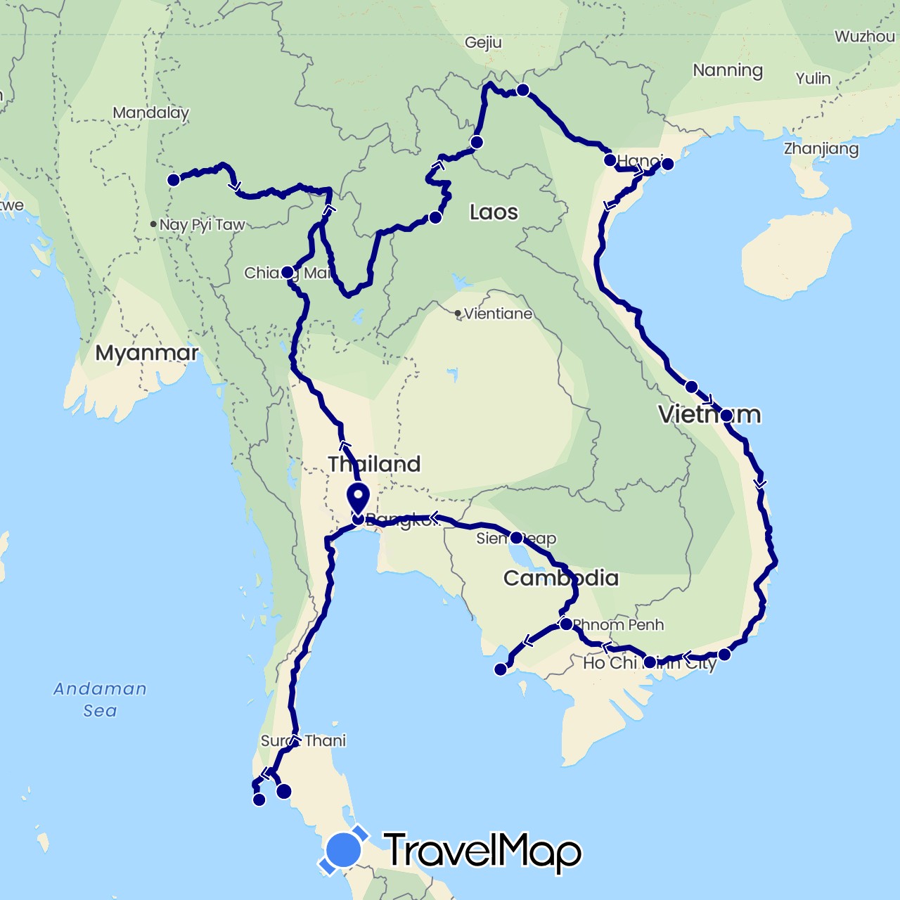 TravelMap itinerary: driving in Cambodia, Laos, Myanmar (Burma), Thailand, Vietnam (Asia)