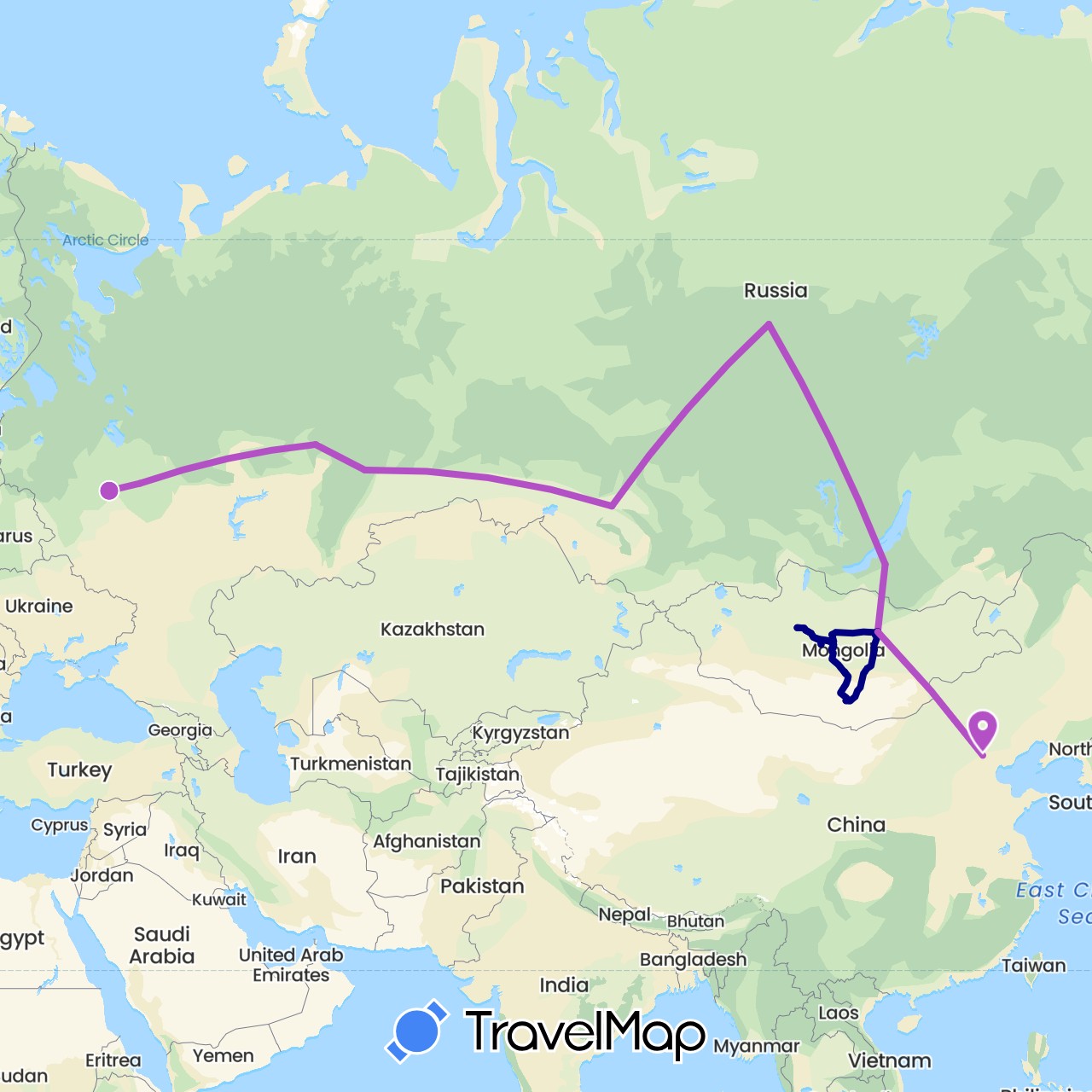 TravelMap itinerary: driving, train in China, Mongolia, Russia (Asia, Europe)