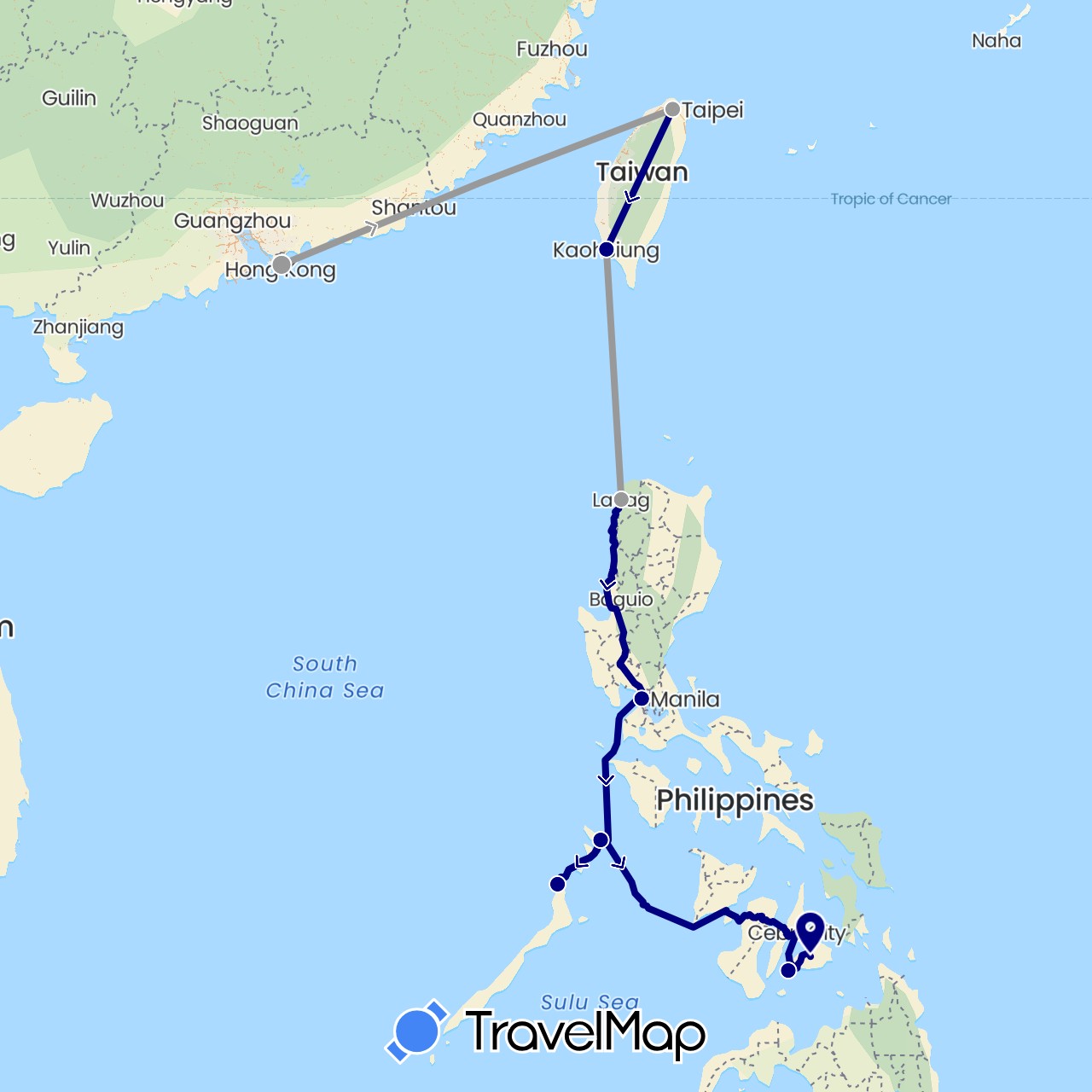 TravelMap itinerary: driving, plane in China, Philippines, Taiwan (Asia)