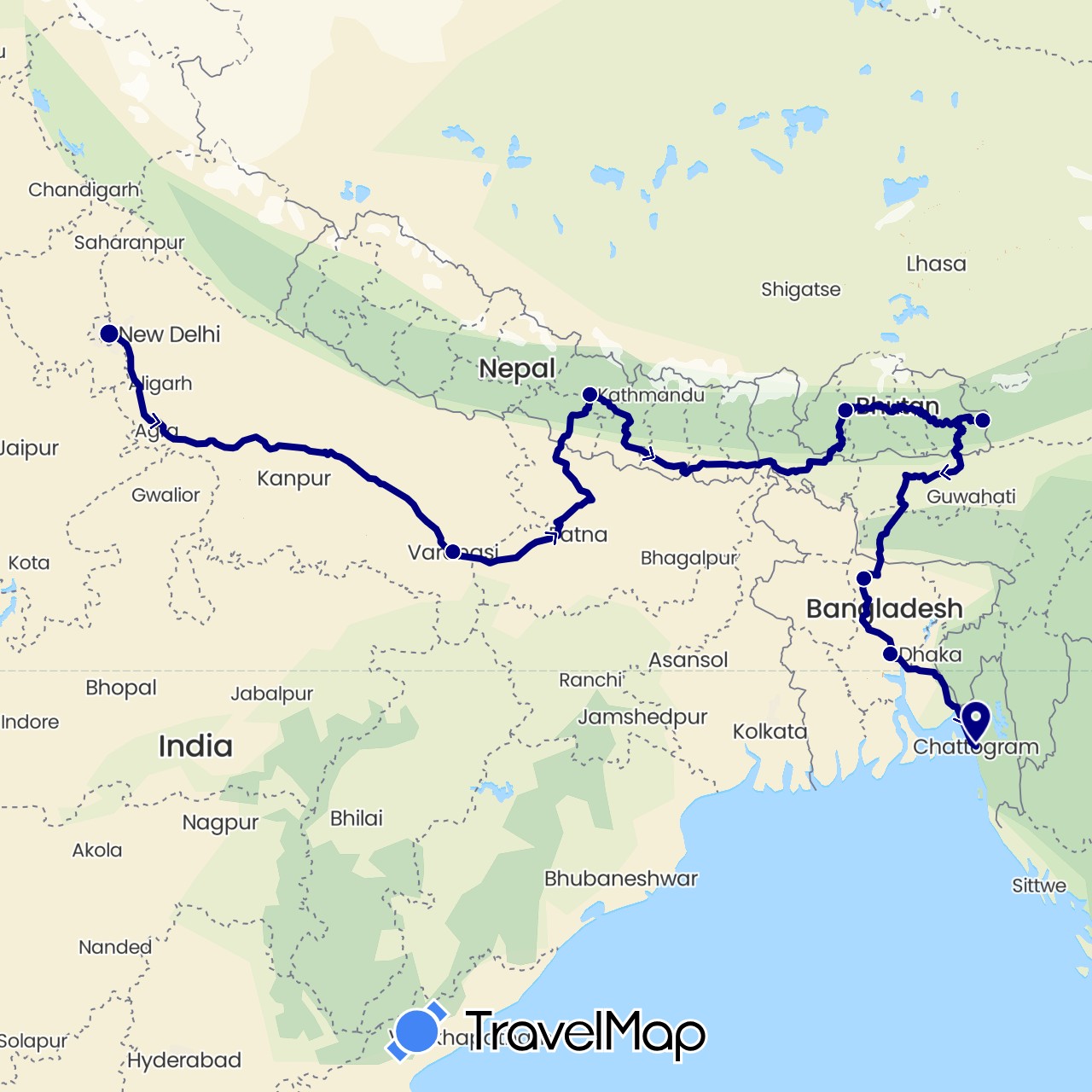 TravelMap itinerary: driving in Bangladesh, Bhutan, India, Nepal (Asia)