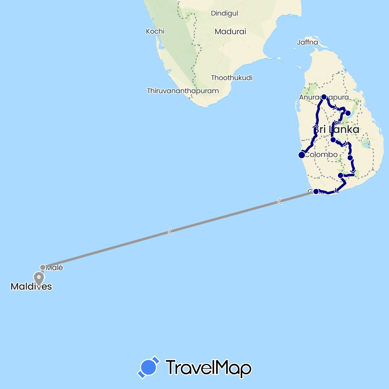 TravelMap itinerary: driving, plane in Sri Lanka, Maldives (Asia)