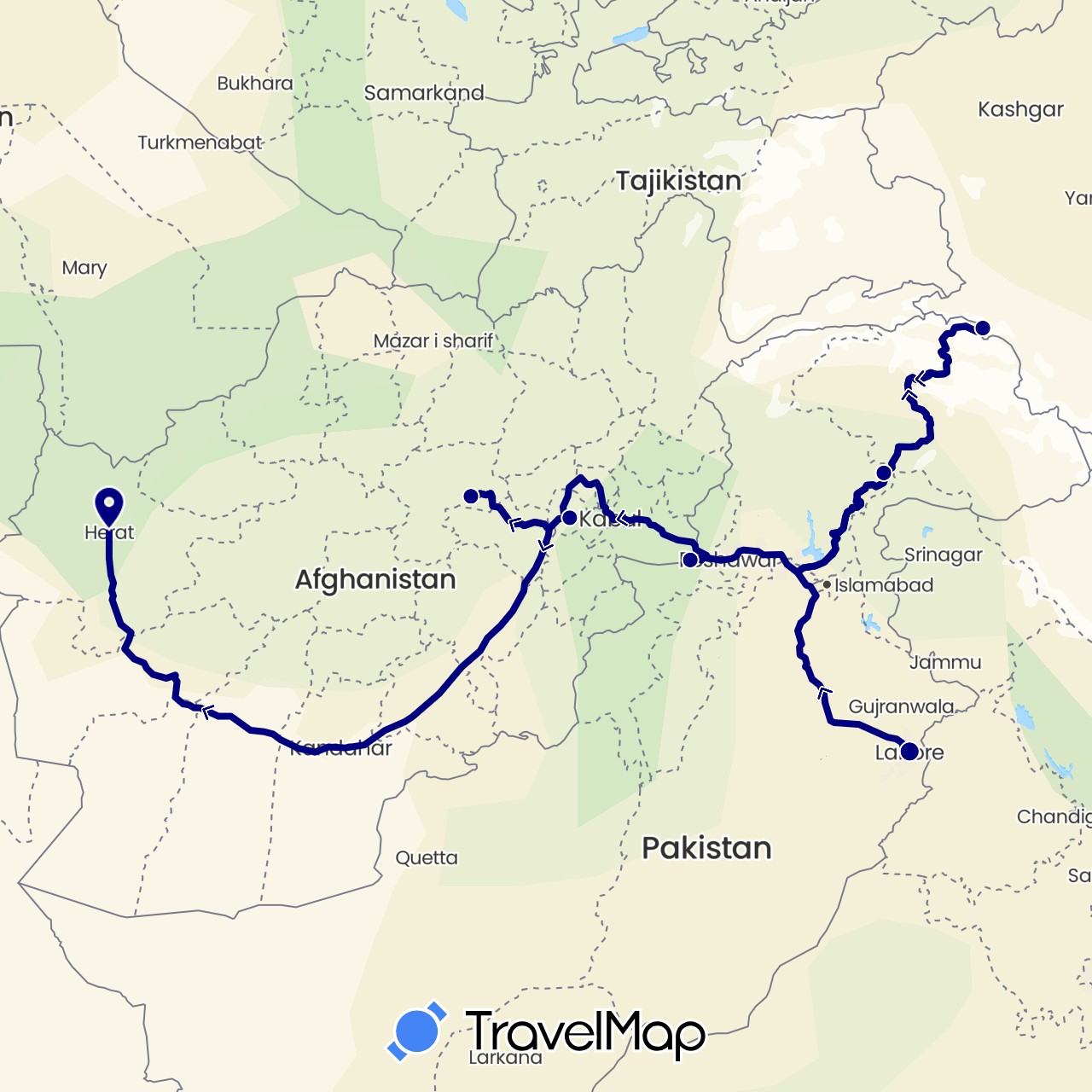 TravelMap itinerary: driving in Afghanistan, Pakistan (Asia)
