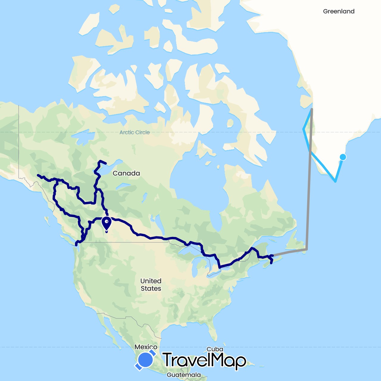 TravelMap itinerary: driving, plane, boat in Canada, Greenland (North America)