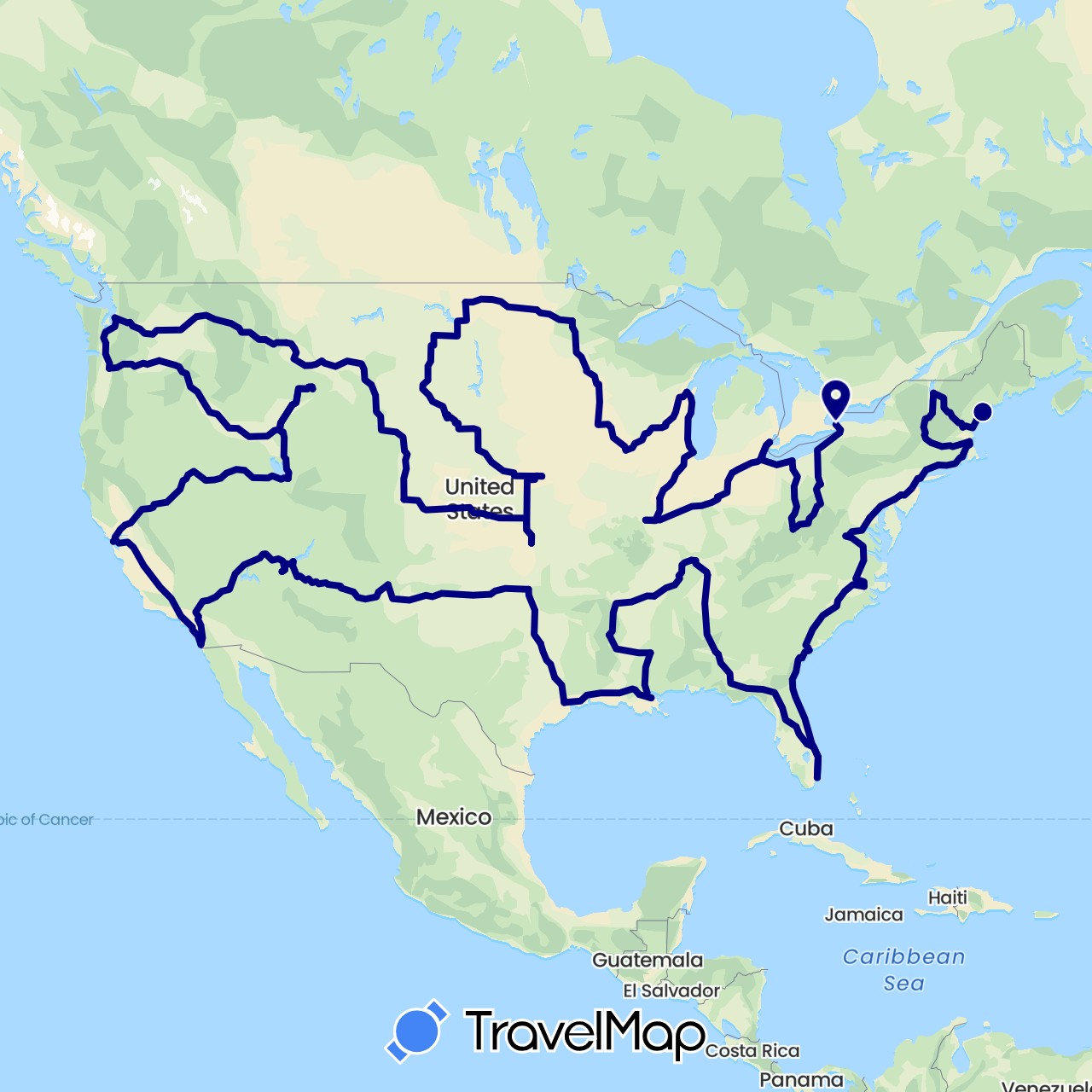 TravelMap itinerary: driving in Canada, United States (North America)