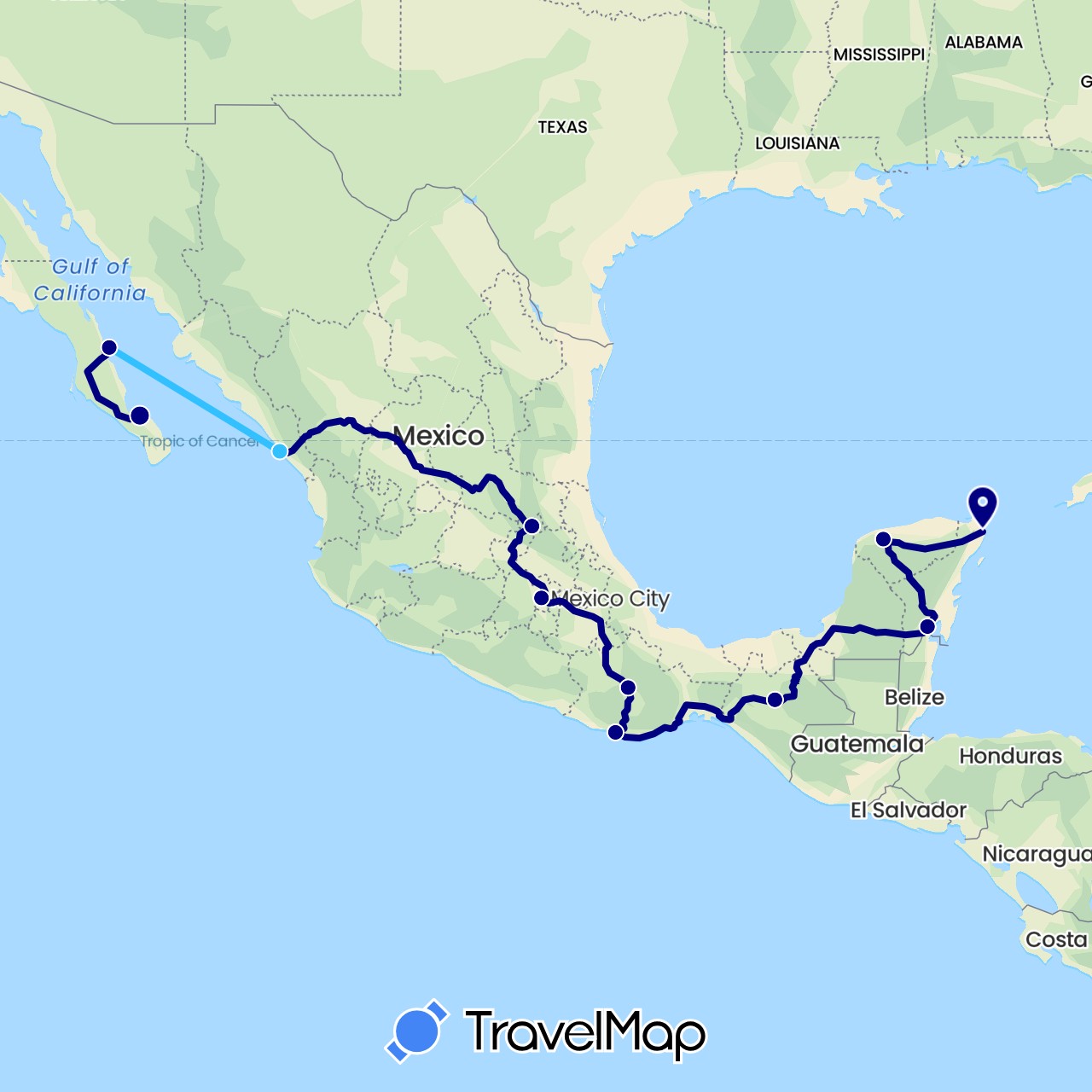TravelMap itinerary: driving, boat in Mexico (North America)