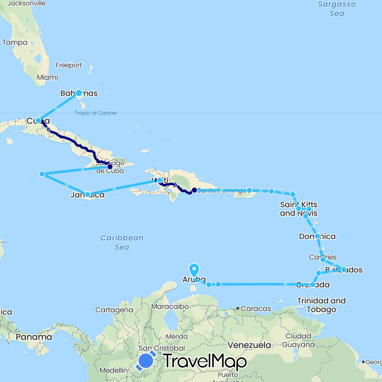 TravelMap itinerary: driving, boat in Antigua and Barbuda, Anguilla, Barbados, Bahamas, Cuba, Dominica, Dominican Republic, Grenada, Haiti, Jamaica, Saint Kitts and Nevis, Saint Lucia, Montserrat, Netherlands, United States, Saint Vincent and the Grenadines, British Virgin Islands (Europe, North America)