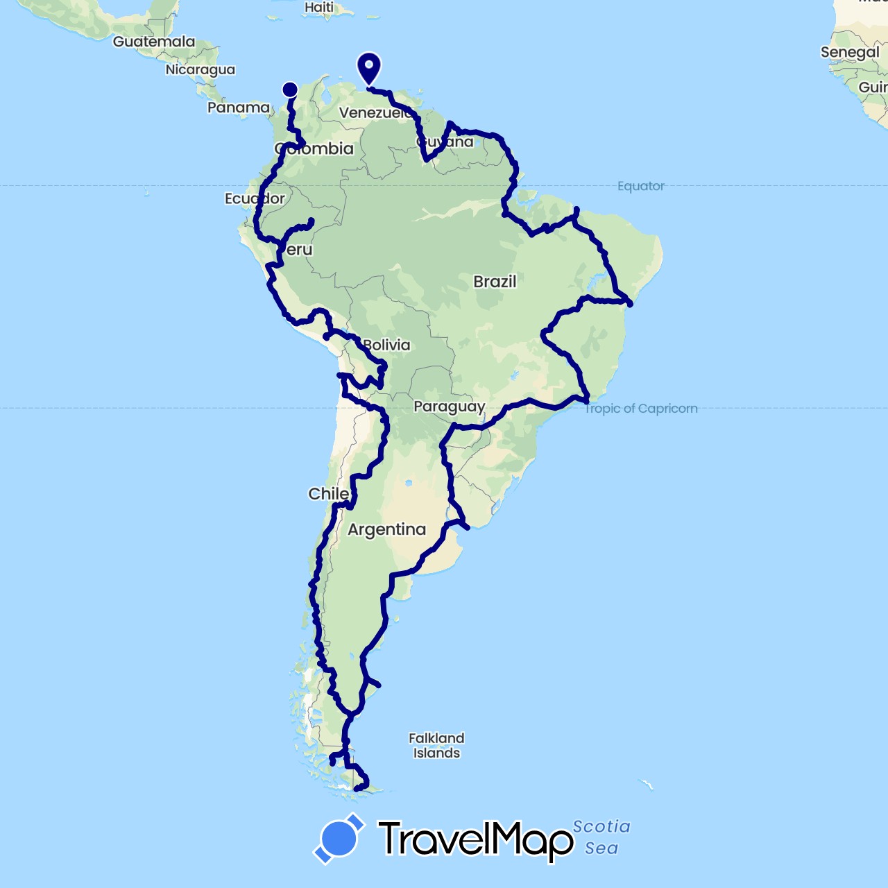TravelMap itinerary: driving in Argentina, Bolivia, Brazil, Chile, Colombia, Ecuador, Peru, Paraguay, Uruguay, Venezuela (South America)