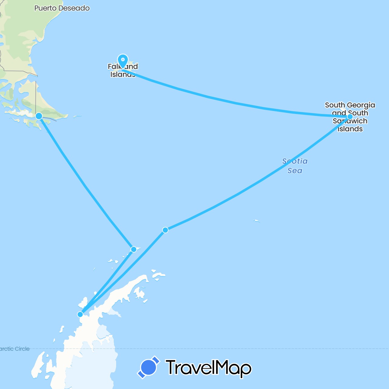 TravelMap itinerary: driving, boat in Argentina, Falkland Islands, South Georgia and the South Sandwich Islands (Antarctica, South America)