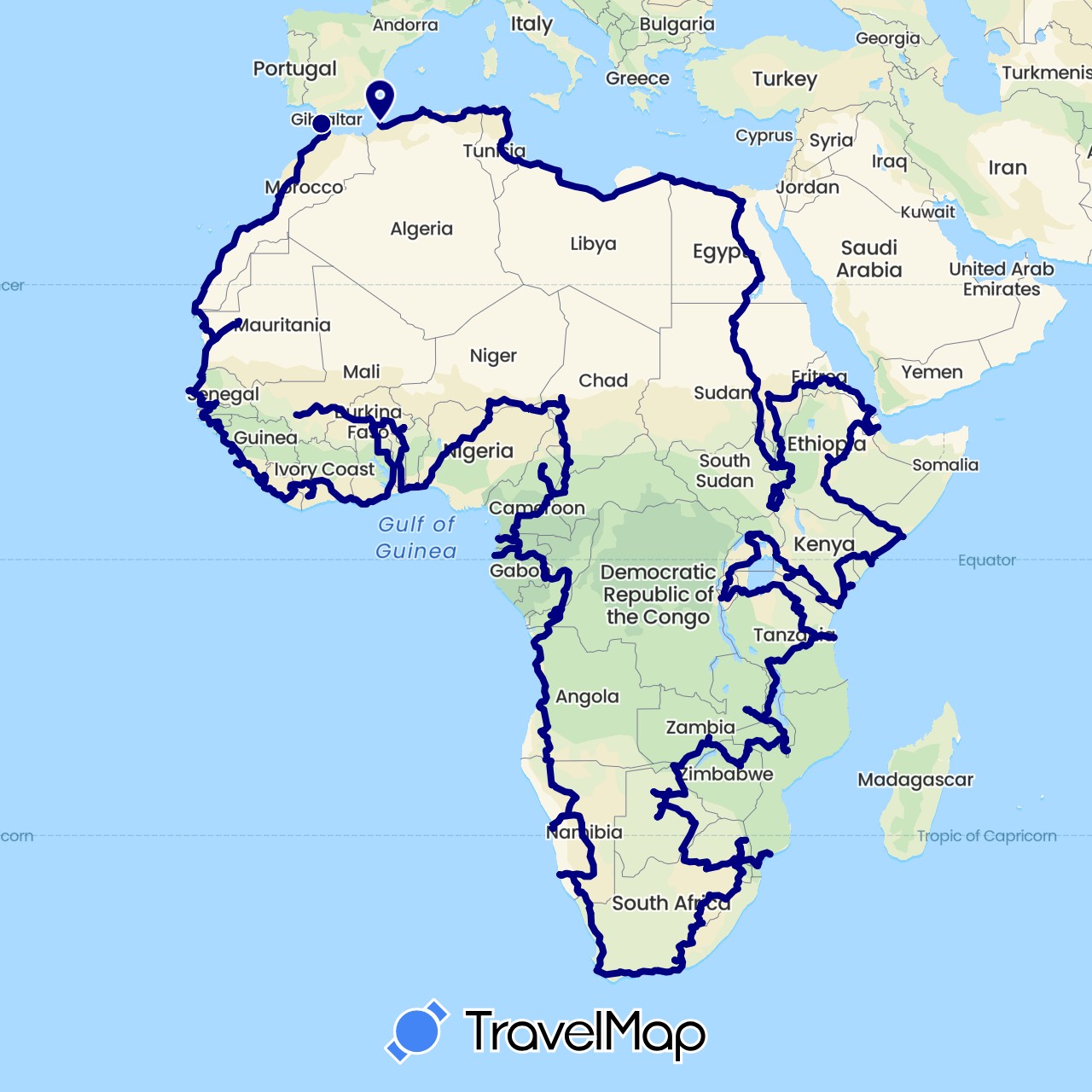TravelMap itinerary: driving in Angola, Burkina Faso, Burundi, Benin, Botswana, Democratic Republic of the Congo, Central African Republic, Republic of the Congo, Côte d'Ivoire, Cameroon, Djibouti, Algeria, Egypt, Eritrea, Ethiopia, Gabon, Ghana, Gambia, Guinea, Equatorial Guinea, Guinea-Bissau, Kenya, Liberia, Lesotho, Libya, Morocco, Mali, Mauritania, Malawi, Mozambique, Namibia, Niger, Nigeria, Rwanda, Sudan, Sierra Leone, Senegal, Somalia, South Sudan, Swaziland, Chad, Togo, Tunisia, Tanzania, Uganda, South Africa, Zambia, Zimbabwe (Africa)