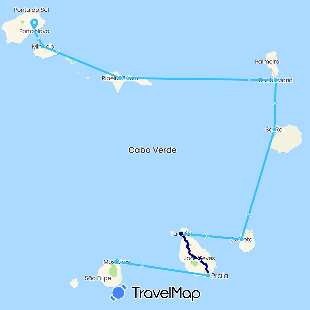 TravelMap itinerary: driving, boat in Cape Verde (Africa)