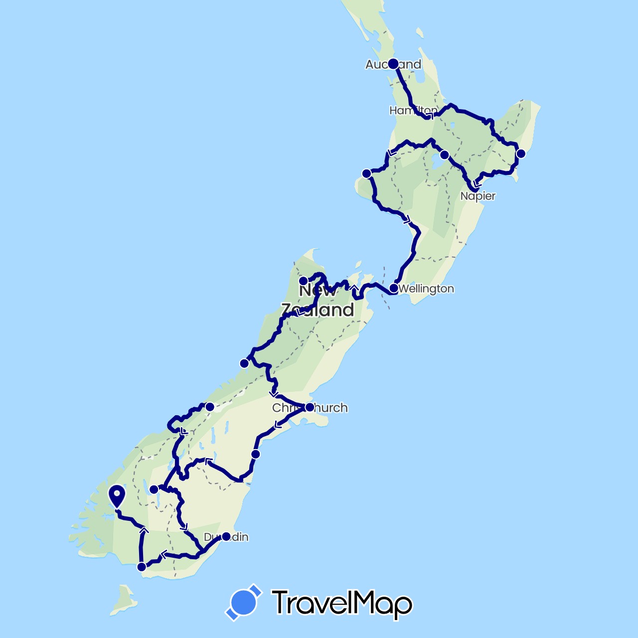 TravelMap itinerary: driving in New Zealand (Oceania)