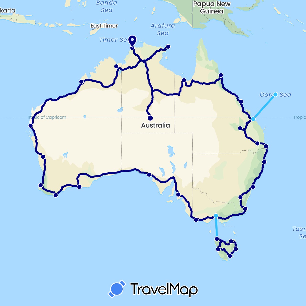TravelMap itinerary: driving, boat in Australia (Oceania)