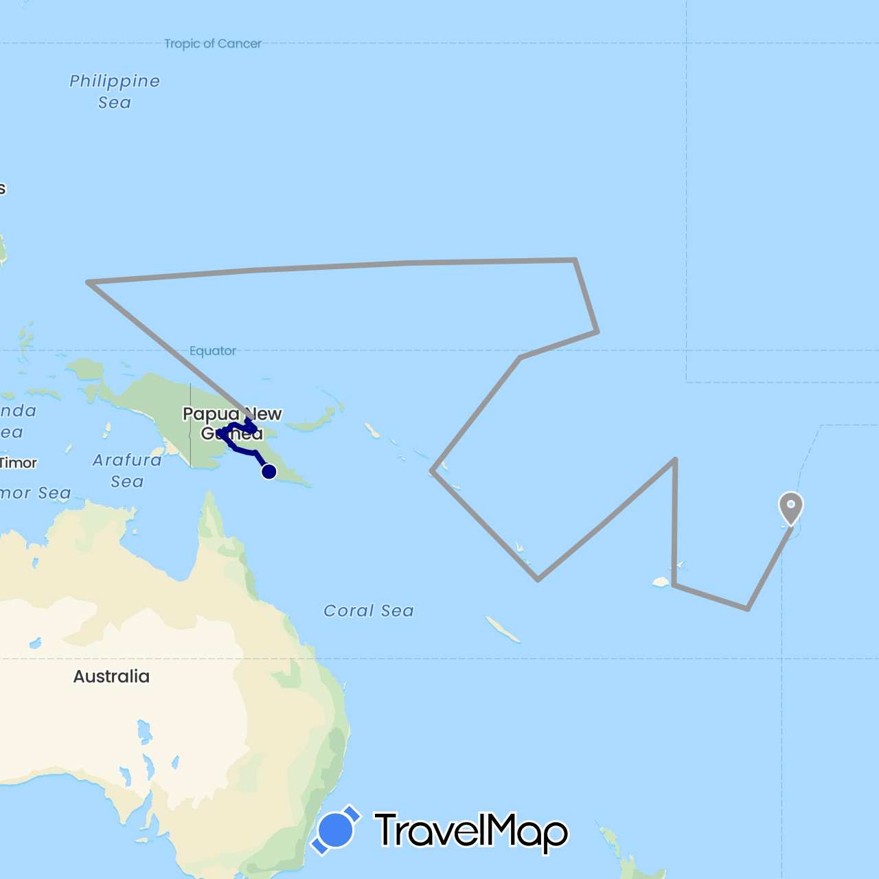 TravelMap itinerary: driving, plane in Fiji, Micronesia, Kiribati, Marshall Islands, Nauru, Papua New Guinea, Palau, Solomon Islands, Tonga, Tuvalu, Vanuatu, Samoa (Oceania)