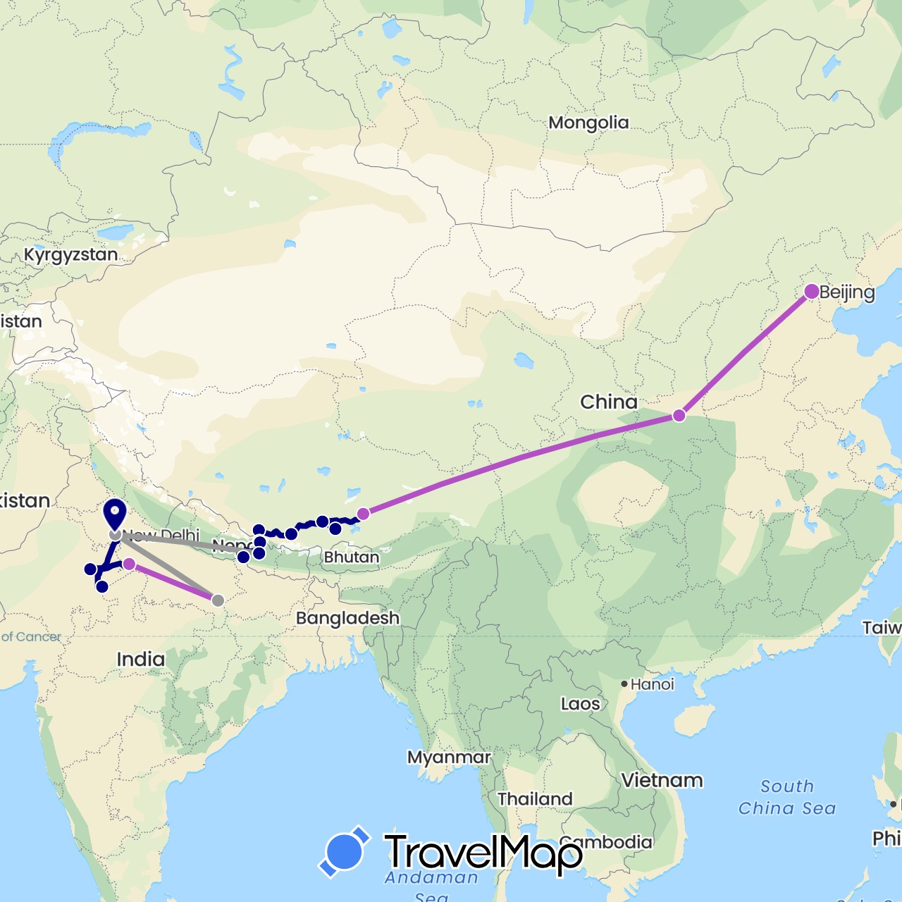 TravelMap itinerary: driving, plane, train in China, India, Nepal (Asia)