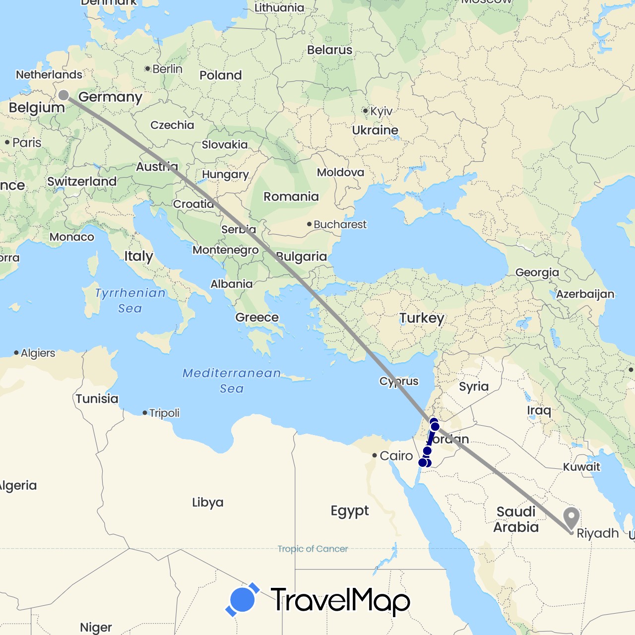 TravelMap itinerary: driving, plane in Germany, Jordan, Saudi Arabia (Asia, Europe)